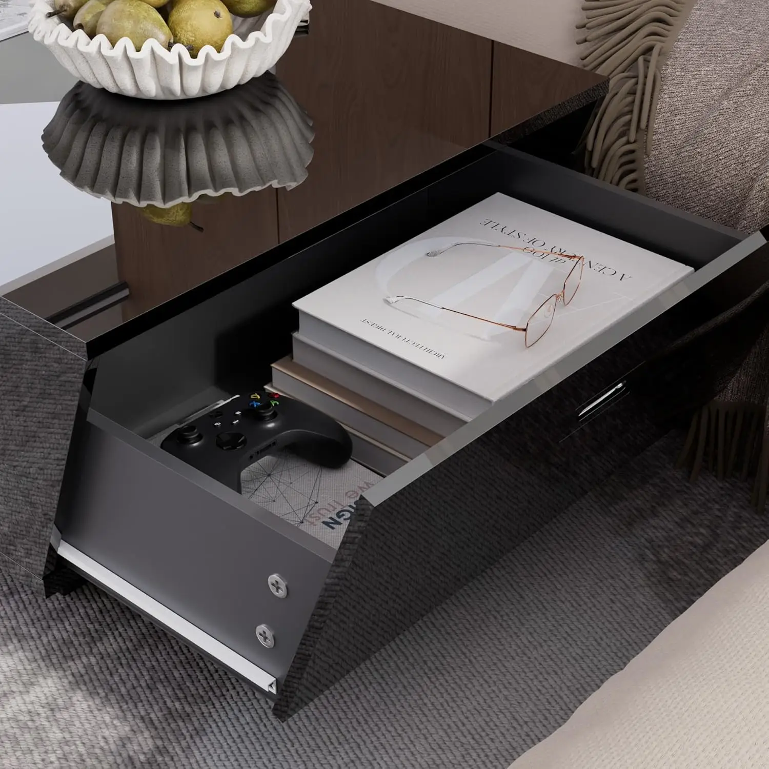 Black Modern Coffee Table with 12-Color LED Lights,High Gloss Contemporary Center Table with 2 Storage Drawers