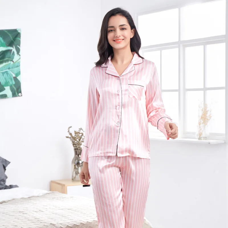 Summer Pajamas for Women Satin Silk Stripes Sleepwear Pyjamas Short Pink Loungewear Pjamas Ladies Home Suit Homewear Woman