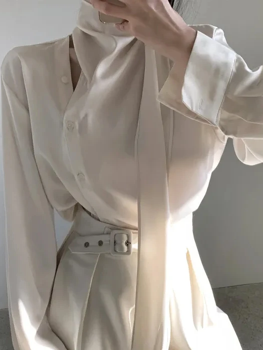 

Элегантная женская блузка с длинным рукавом, модный дизайн с поясом, прямой крой в корейском стиле, хлопок, весенняя мода, одиночный предмет гардероба
