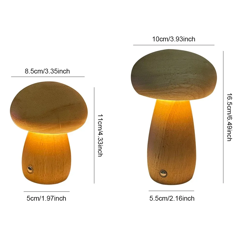 Bedside Table Night Light USB Rechargeable LED Mushroom Night Light Wooden Bedroom Sleeping Lamp Dimmable for Bedroom Study Room