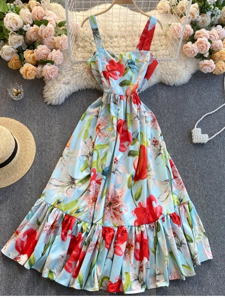 

Summer Seaside Holiday Dress Temperament Square Collar Slim Mid-length Ruffled Large Swing Print Suspender Dress UK865