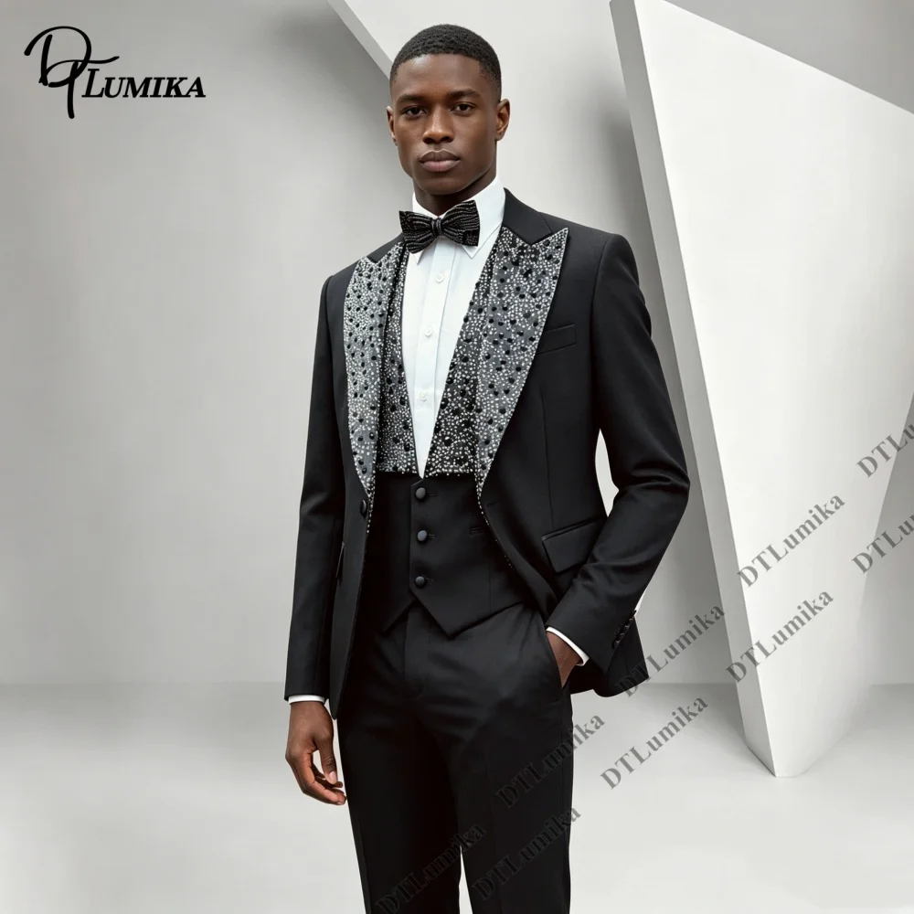

Men Tuxedo 3 Piece Suit Sparkling Rhinestone Peak Lapel Blazer Matching Waistcoat Straight Trousers Set For Wedding Prom Banquet
