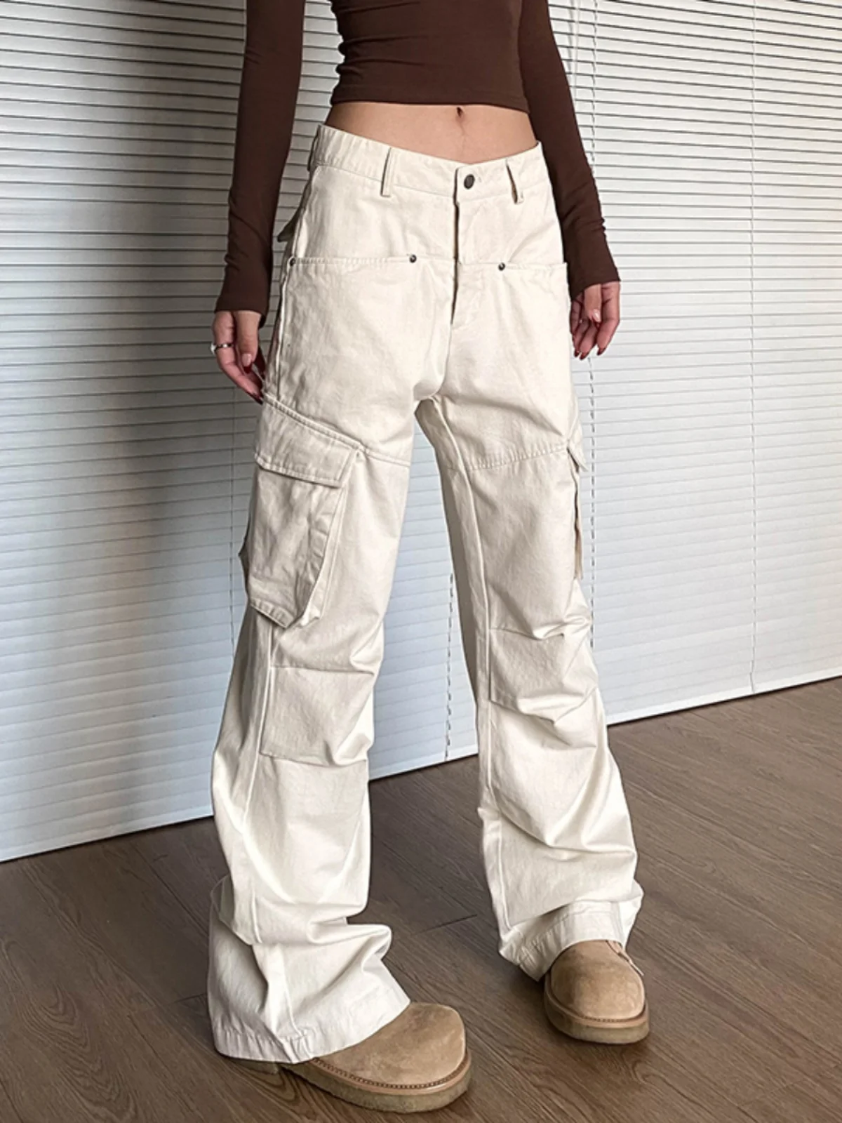 

Off American Retro Khaki Multi-ket Work Pants Women's Street Loose Wrinkle Straight Leg Pants Casual Cotton Trousers