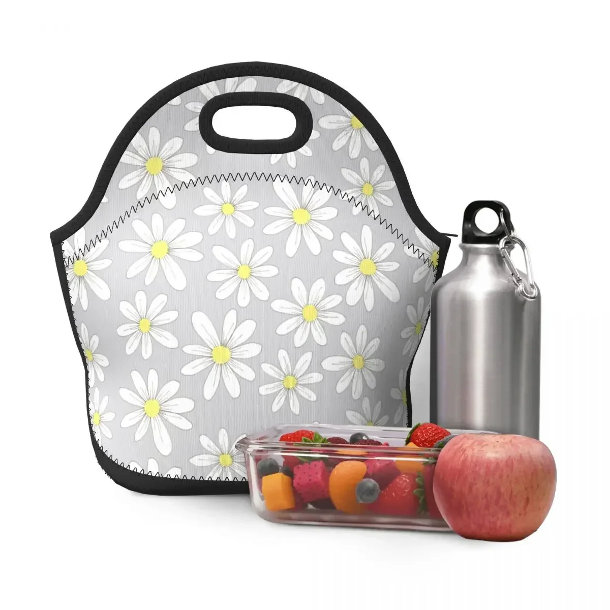 Custom grey Simple margherite Flowers Pattern borse da pranzo in Neoprene per uomo donna Warm Cooler Insulated Lunch box per ufficio per adulti