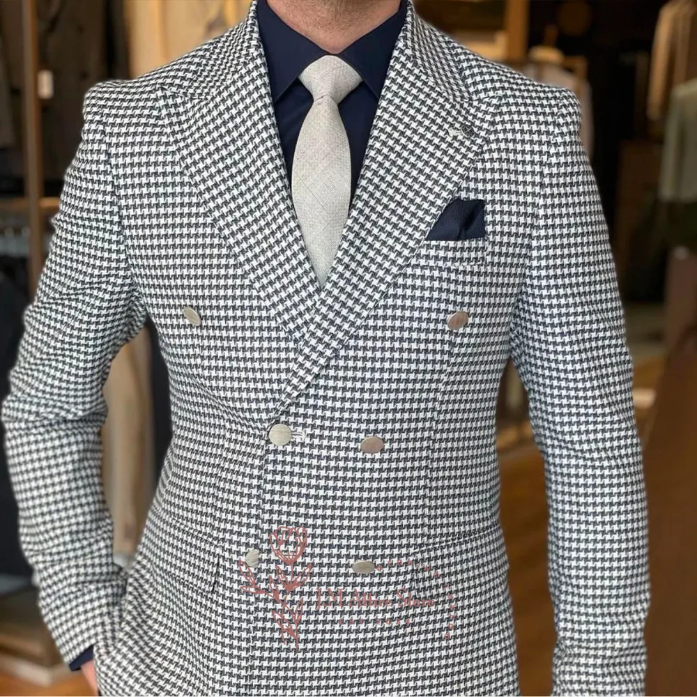 Men's classy jacket in white vintage houndstooth pattern peak lapel custom daily wear for birthday wedding prom Carnaval party