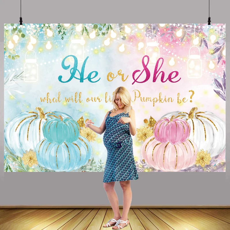 Fondo de revelación de género de calabaza, cartel de He o She What Will Pumpkin Be, decoración de fiesta para niño o niña, fondo de fotografía