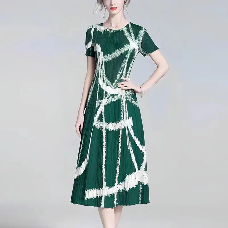 2025 Estate Nuovo Temperamento Gonna a pieghe oversize Moda donna Stampa O-Collo Manica corta Abito longuette Abito vintage da donna