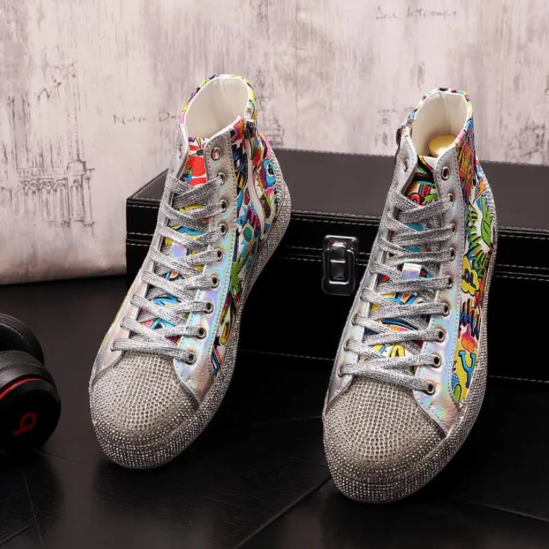 

New Men high top ironing dril graffiti board spirit of th e young man dazzle color leather low-top casual shoes A8