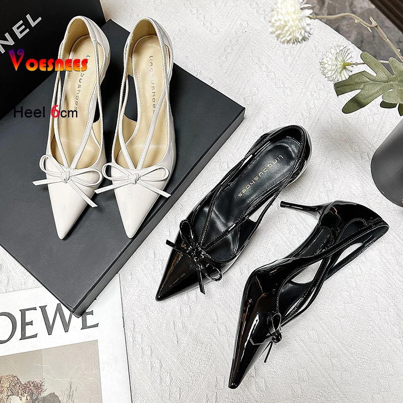 

2025 летние женские туфли-лодочки на шпильке с острым носком, черно-белые элегантные вечерние модельные туфли 6 см, дизайнерские модные туфли на высоком каблуке с полым бантом