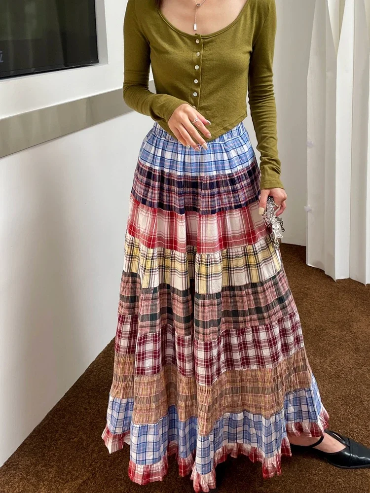 England Style Boho Plaid Patchwork Y2k Skirt 2024 Summer Vintage Niche High Waist Long Skirts Woman Beach Korean Fashion