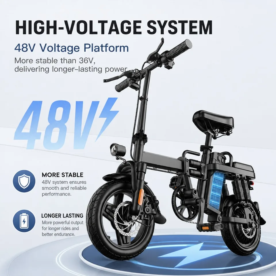 48V 500W Powerful Electric Bike 43km/h Top Speed, 48V 15Ah Battery Up to 60km Pedal Assist, Foldable 14" Frame, Dual Disc Brakes, 150kg Load Capacity, Front Basket & Fenders, Comfortable Urban Commuter E-Bicycle image 6