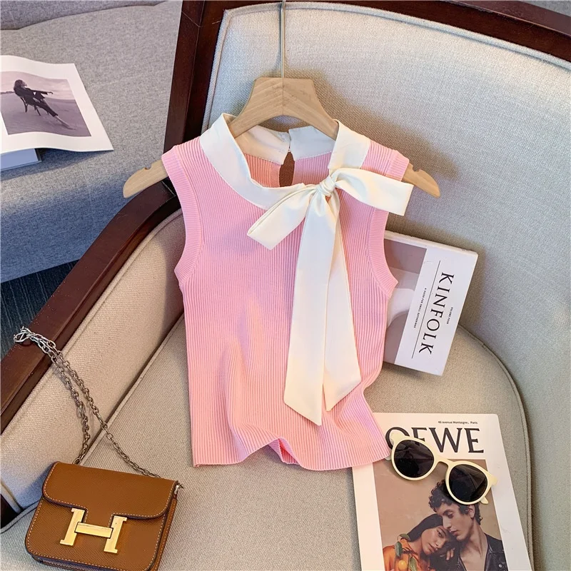 Summer New Style Women's Knitted Vest Short Sleeveless Slim Fit Fashion Sun Protection Garment  Knot Belted Inner Wear