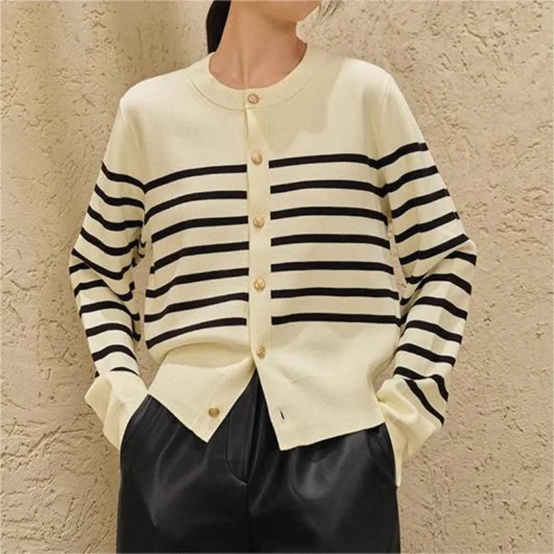 Autumn Winter 2024 New Arrival Color Block Striped Knit Cardigan French Style Woolen Coat Versatile High End Sweater Jacket