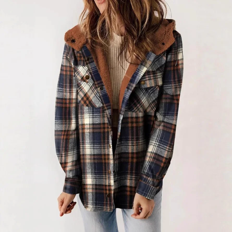 

Women's Plaid Casual Versatile Jacket Autumn Winter Plush Long Sleeved Pockets Hooded Coat America Street Trendy Loose Top