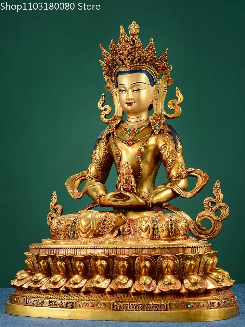 33cm Copper gilt carving  Amitayus longevity god Buddha statue Tibet buddhism longevity buddha sculpture Temple home decor Large