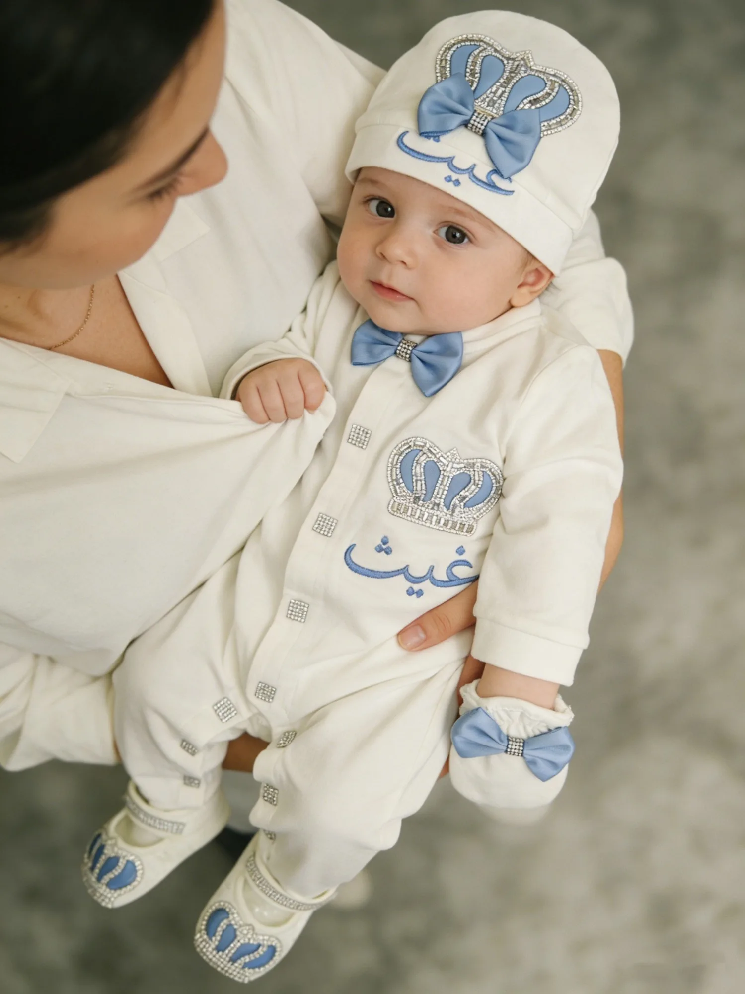 Baby Boy White Blue Crown Set - Onesie Hat Shoes w/Rhinestone Crown & Arabic Decor - for Naming Ceremony, Baby Shower