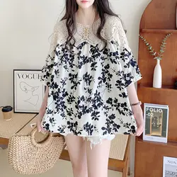 Spring Autumn New Fashion Pure Cotton Printing Shirts Women's Clothing Hollow Out Patchwork Lace Korean Loose Chaopai Blouses