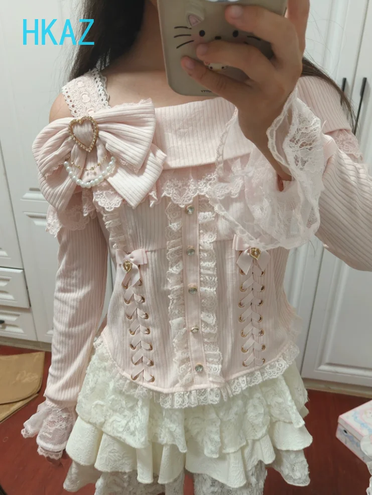 Pink Sweater Autumn New Japanese Mass-produced Sweet and Cute Girls Off-the-shoulder Strap New Bow Lace Lolita Pullover
