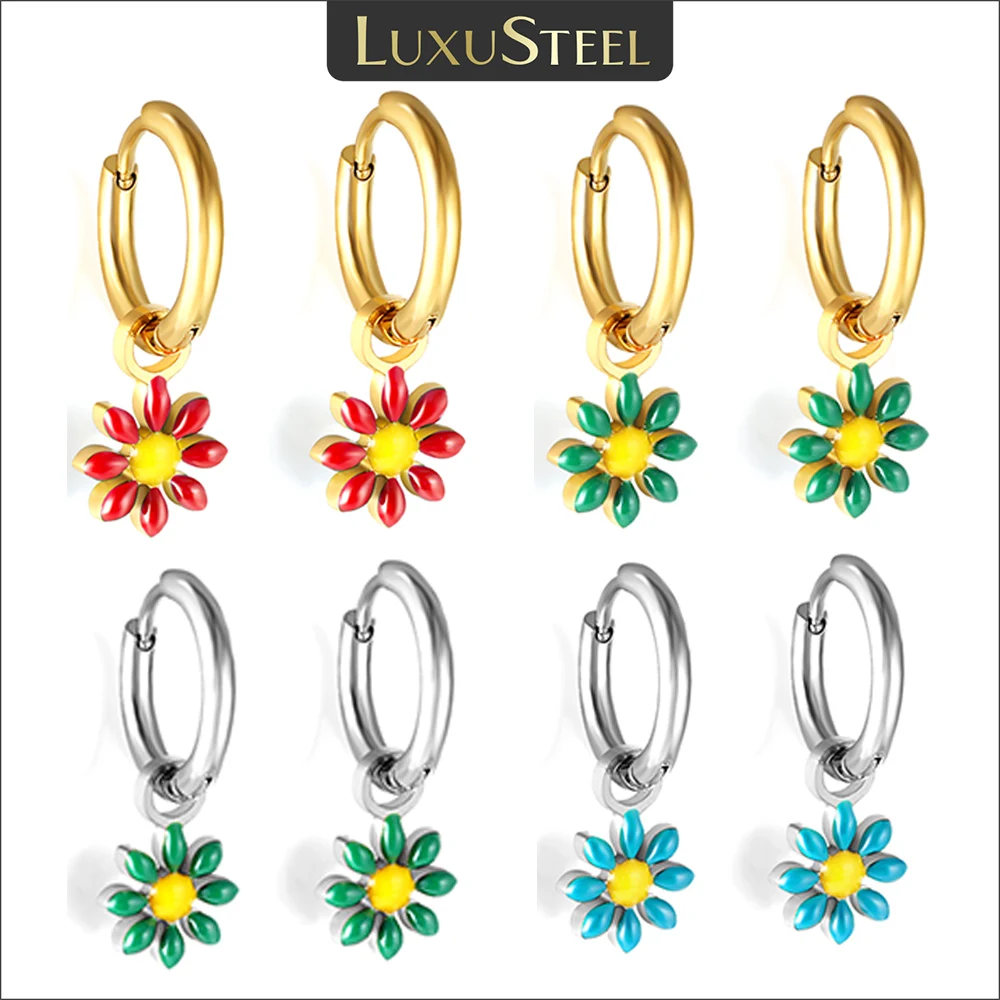 Luxus Stahl Gänseblümchen Boho bunte Blume Tropfen baumeln Charms Ohrringe für Frauen Mädchen Edelstahl Reifen Pen dientes Trend Schmuck