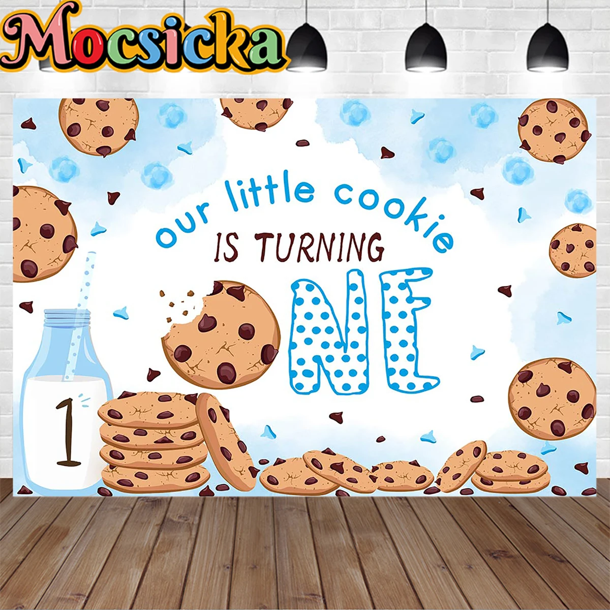 

Our Little Cookie One Birthday Party Photography Backdrop Decoration for Boy Baby Shower Milk Blue Background Dessert Table Prop