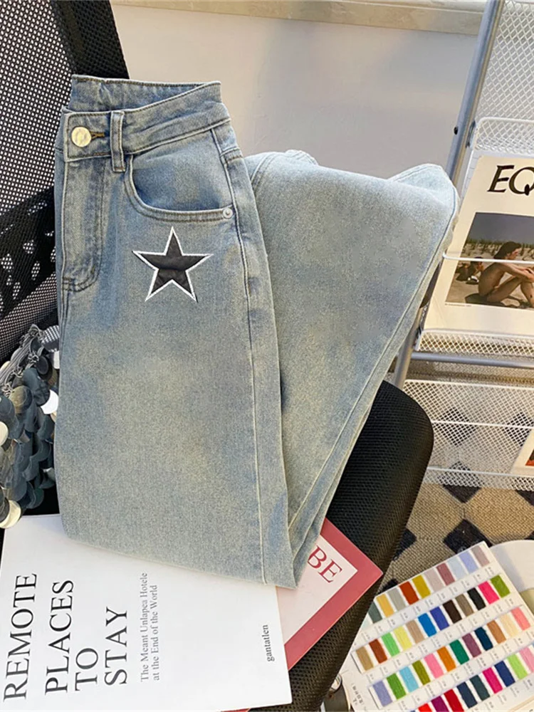 Retro Star Print Casual Jeans Loose Fit for Men And Women Summer Slimming Wide Leg Pants High Waist Long Trousers Denim Blue