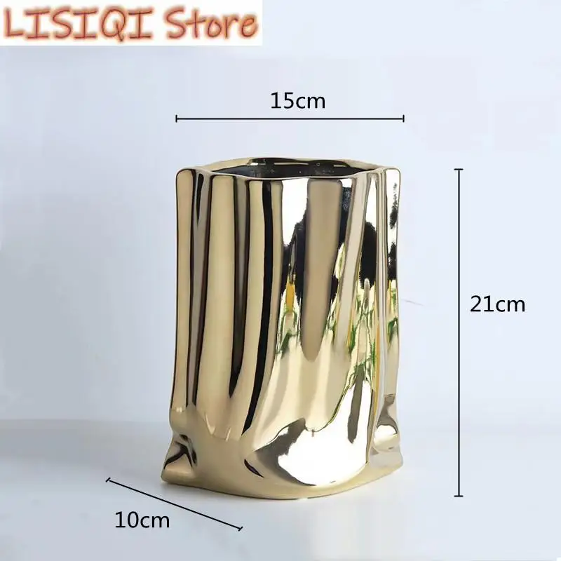 New Ceramic Silver Flower Vase Ruffled Porcelain Flower Arrangement Decoration Bag Shape Terrarium Home Decoration Vases Pots