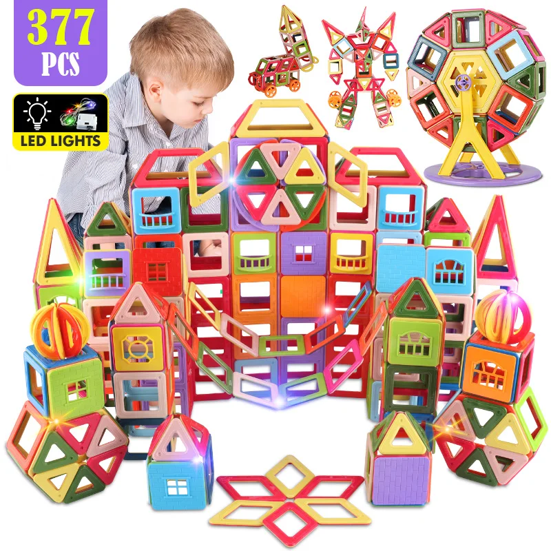 2022 High Quality Designer 11-377pcs Big Size Magnetic Construction Set Building Blocks Led Lights DIY Magnet Bricks Toys Kids