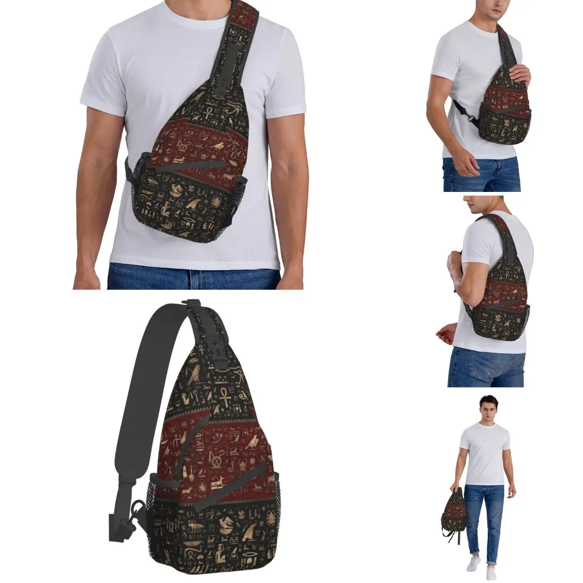 Egyptian Hieroglyphs Small Sling Bags Chest Crossbody Shoulder Sling Backpack Outdoor Sports Daypacks Egypt Deities Gold Pattern