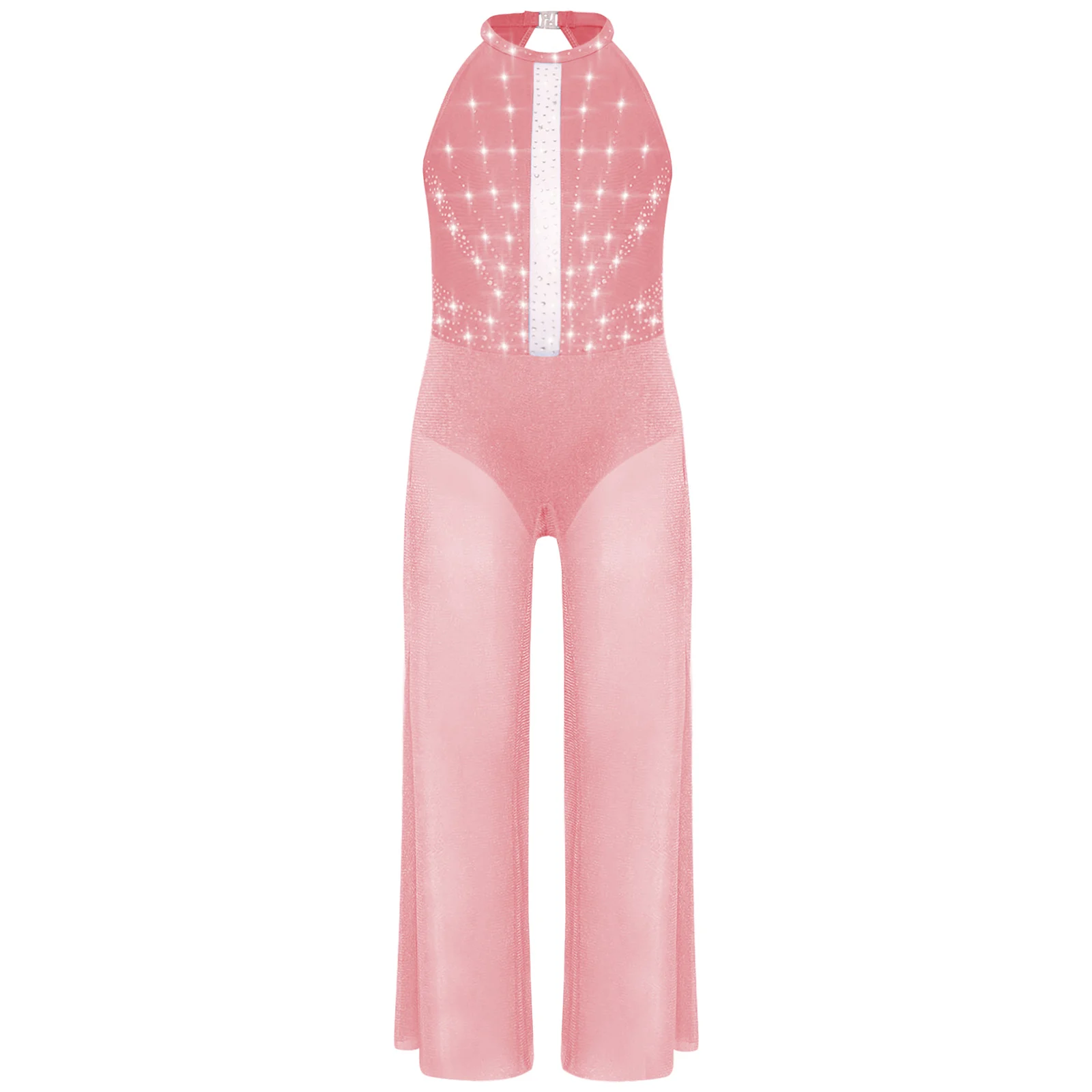 

Girls Dance Jumpsuit with Rhinestones Stretchy Sleeveless Keyhole Back Wide-Leg Built-in Briefs for Performances Stage Shows