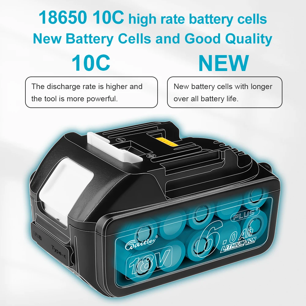 Batería Waitley potente PLUS de 18V y 6Ah para herramienta eléctrica Makita, baterías de iones de litio recargables de 18 voltios, accesorios BL1830