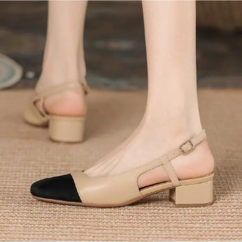 

Summer New Fashion Low Square Heels Shoes Korean Color Matching Party Ladies Shoes Designer Chaussure Femme All-match Sandals