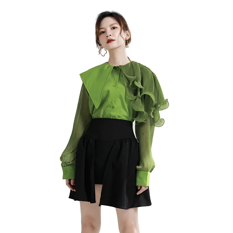 2024 spring new lapel ruffled roll ruffled edge irregular stitching loose short sleeve shirt with belt top