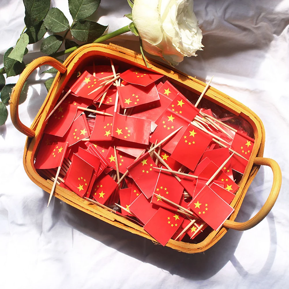 

400Pcs Chinese Flag Decorative Toothpicks Wooden Cake Cupcake Toppers Fruit Picks Party Food Appetizer Supplies