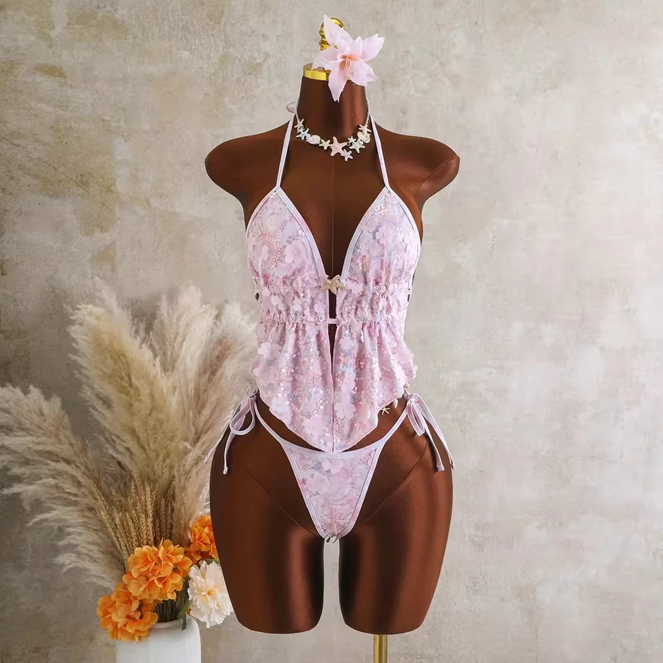

Sexy Sequin Green Bikinis Sets Women Metal Starfish Pleate Tank Top Tie Side Thong Swimsuit Beach Bathing Suit Swimwear 2026