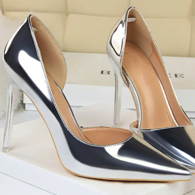 Women 10cm High Heels Pumps Lady Stripper Metallic Leather Scarpins Wedding Stiletto Heels Party Silver Champagne Gold Shoes