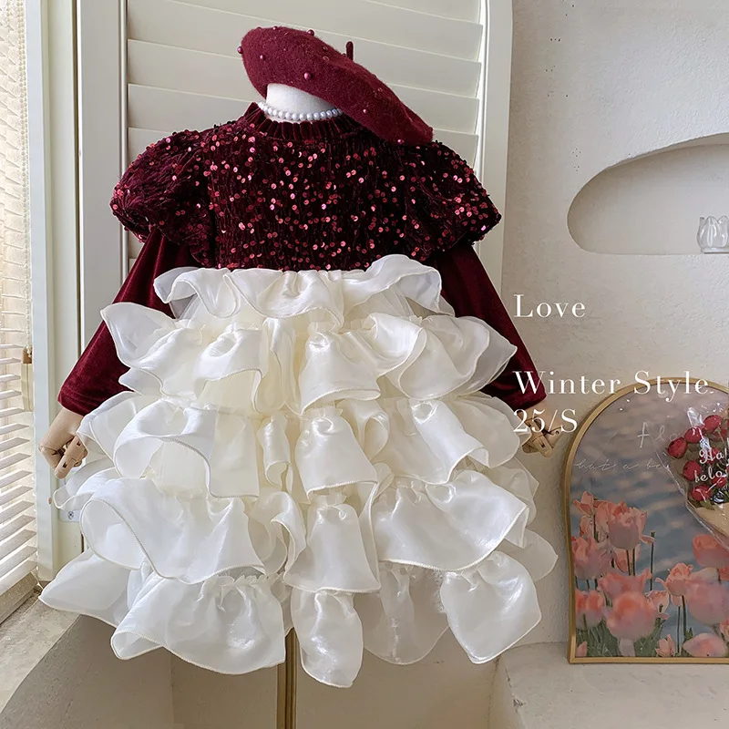 Girls' Dress Autumn Winter Sequin Mesh Princess Dress High-end Feel Thickened Sleeves Fleece Lined Puffy Dress
