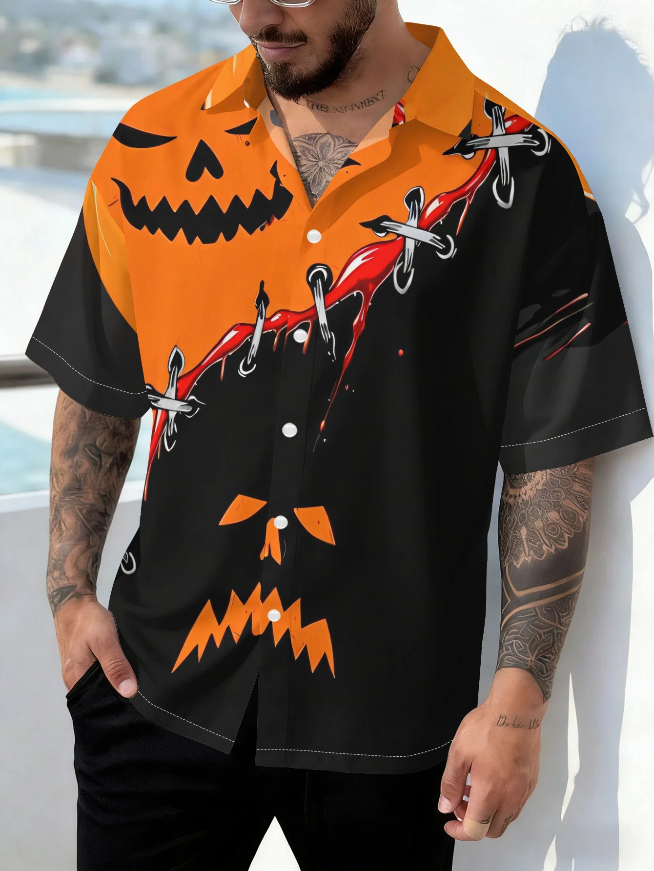 Men's Short Sleeve Shirt Halloween Pumpkin Patch Blood Horror Fashion Casual Lapel Top Perfect Gift for Men Beach Vacations Wear