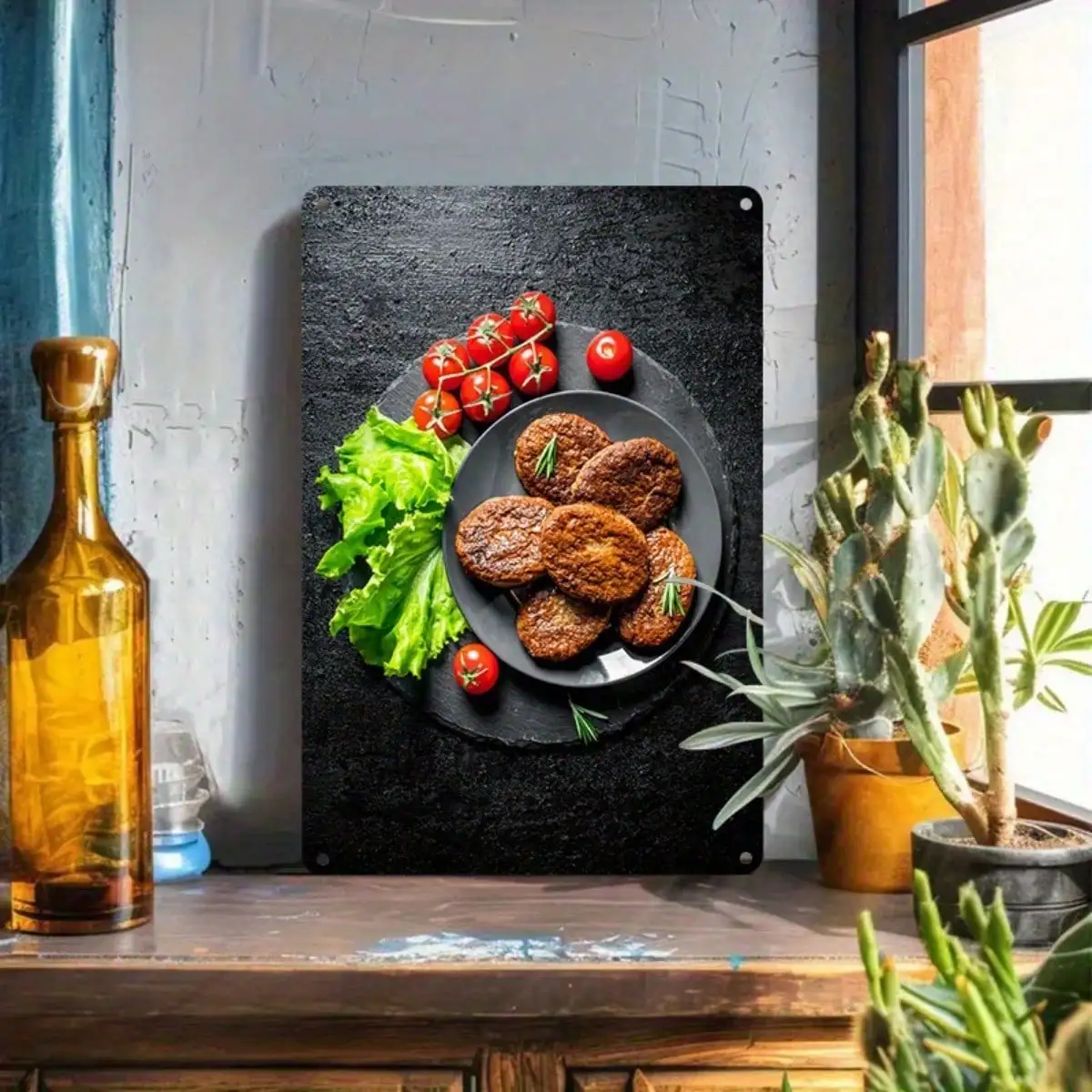 Patties de hamburguesa con letrero de estaño, decoración de cocina/comedor, hamburguesa deliciosa con lechuga/tomate, 8x12 pulgadas/20x30 Cm, 1 ud.