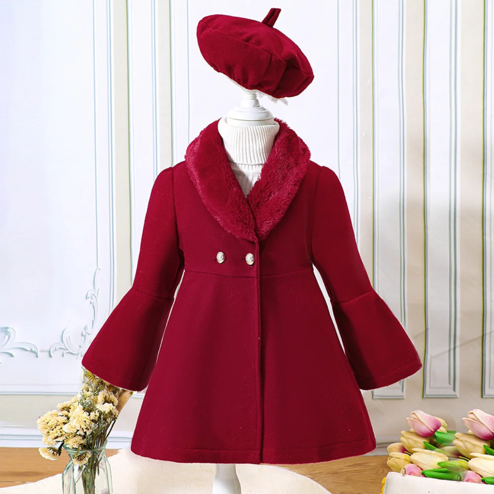 Girls\' Winter Solid Color Fashion Long Flare Sleeves Versatile Warm Polo Collar Coat with Spliced Fleece Collar Coat