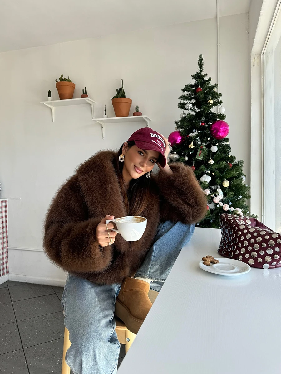 Moda aconchegante icônico fofo casaco de pele de raposa falsa para mulheres gola grande parka outwear marrom outono temporada quente peludo jaqueta de pelúcia