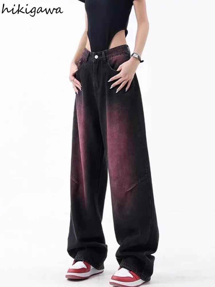 Kontrastowe spodnie Y2k z szerokimi nogawkami dla kobiet dżinsy w stylu Harajuku moda spodnie w stylu Vintage proste casualowe Pantalon Femme nowe spodnie