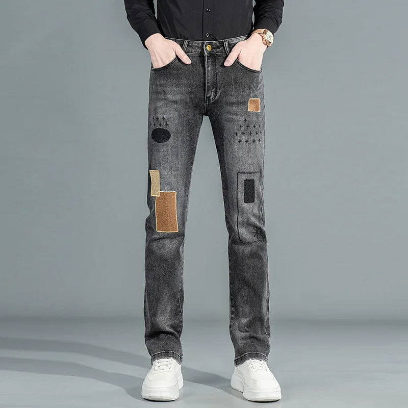 

Embroidered printed jeans men, straight leg, trendy street style, cool and casual autumn pants