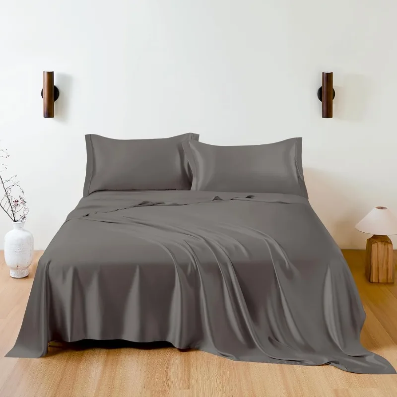 

100% Silk Sheet Set (1 Flat Sheet, 1 Fitted Sheet, 2 Pillowcases) King Size, Charcoal Gray