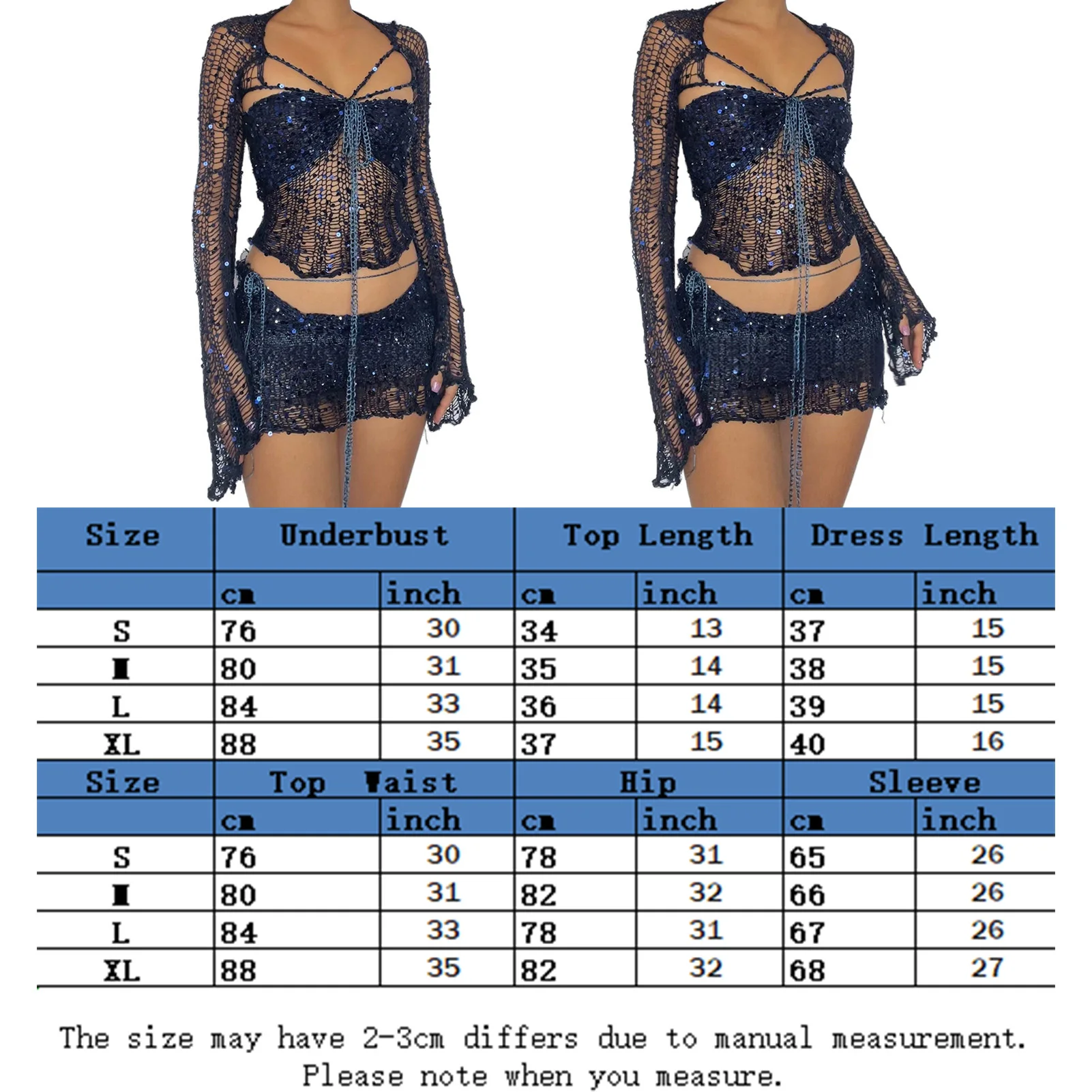 JOCESTYLE Women Summer Knitted Dress Suit Y2k Style Ladies Sequins 3 Piece Skirt Sets Navel Exposed Hollow Out Clubwear Clothing