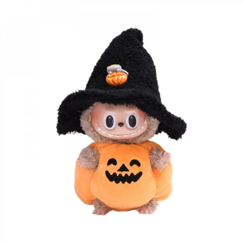 Vestiti per bambole Labubu da 17 cm, vestito da zucca di Halloween, cappello nero