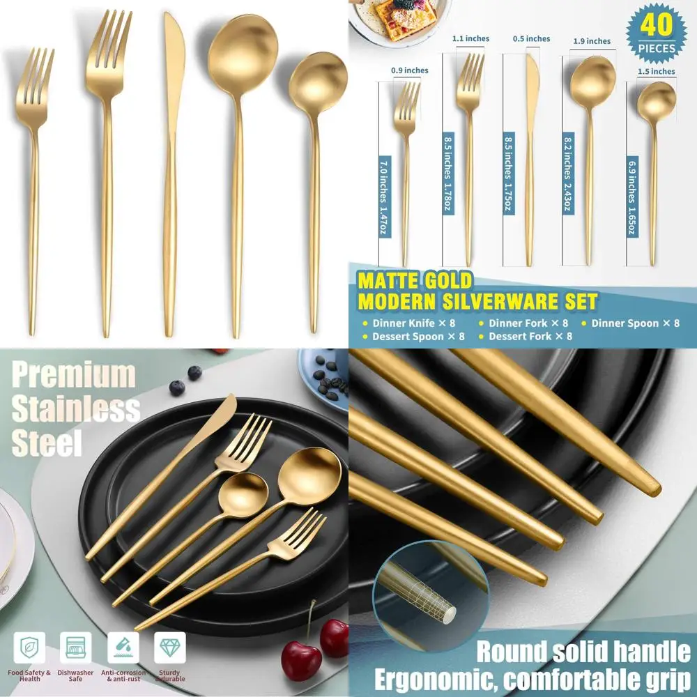 

8-Piece Modern Matte Gold Silverware Set: 40-Piece Brushed Stainless Steel Cutlery with Heavy Duty Knives, Spoons, and Forks