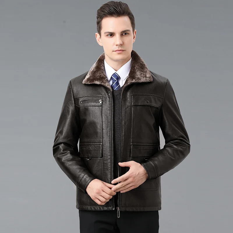 

Men's leather jacket short middle-aged leather jacket lapel fur coat men's thick pure leather sheepskin