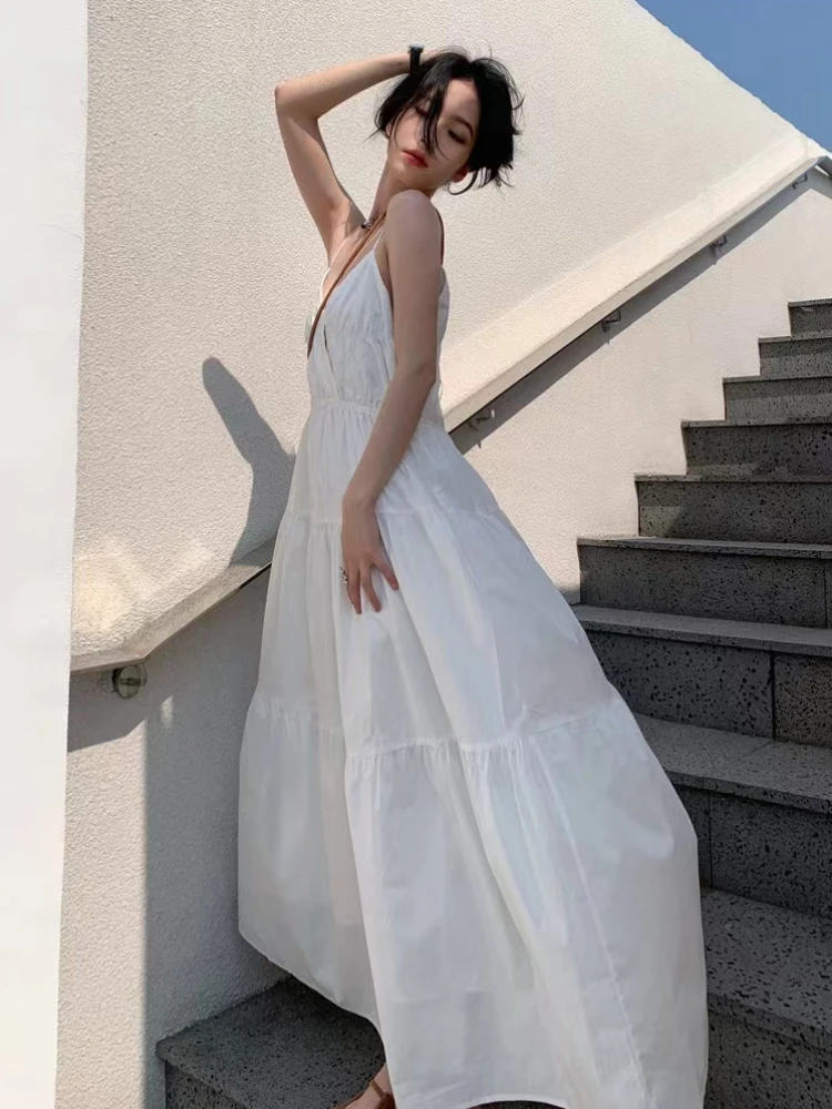 Summer Dresses Women Suspender Solid Korean Style Chic High Street Holiday Beach Hotsweet Simple Versatile Prevalent Cozy Maxi image 3