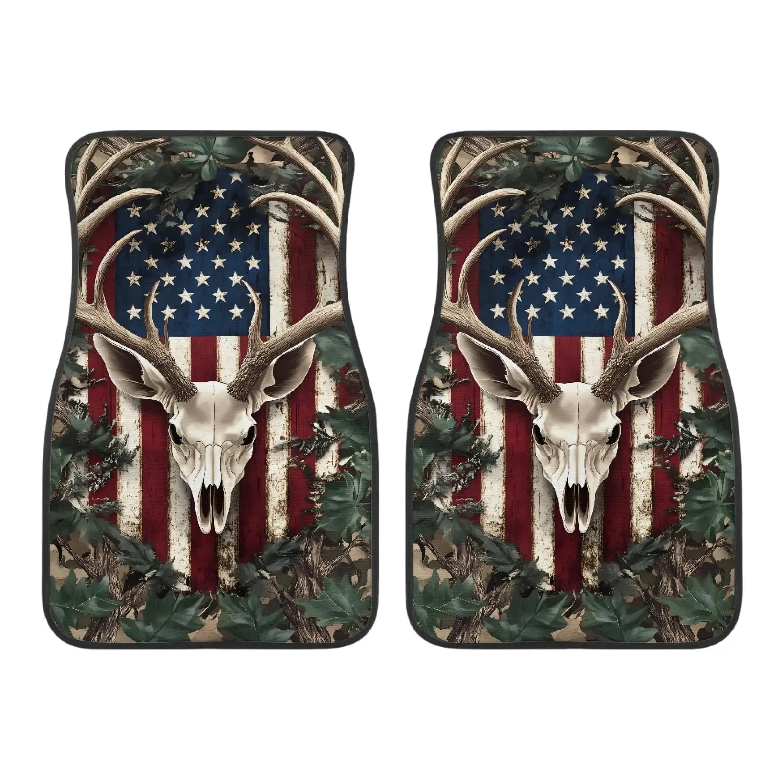 

American Flag Deer Skull Camo Car Floor Mats 2 Pack Anti Skid All Season Interior Protection