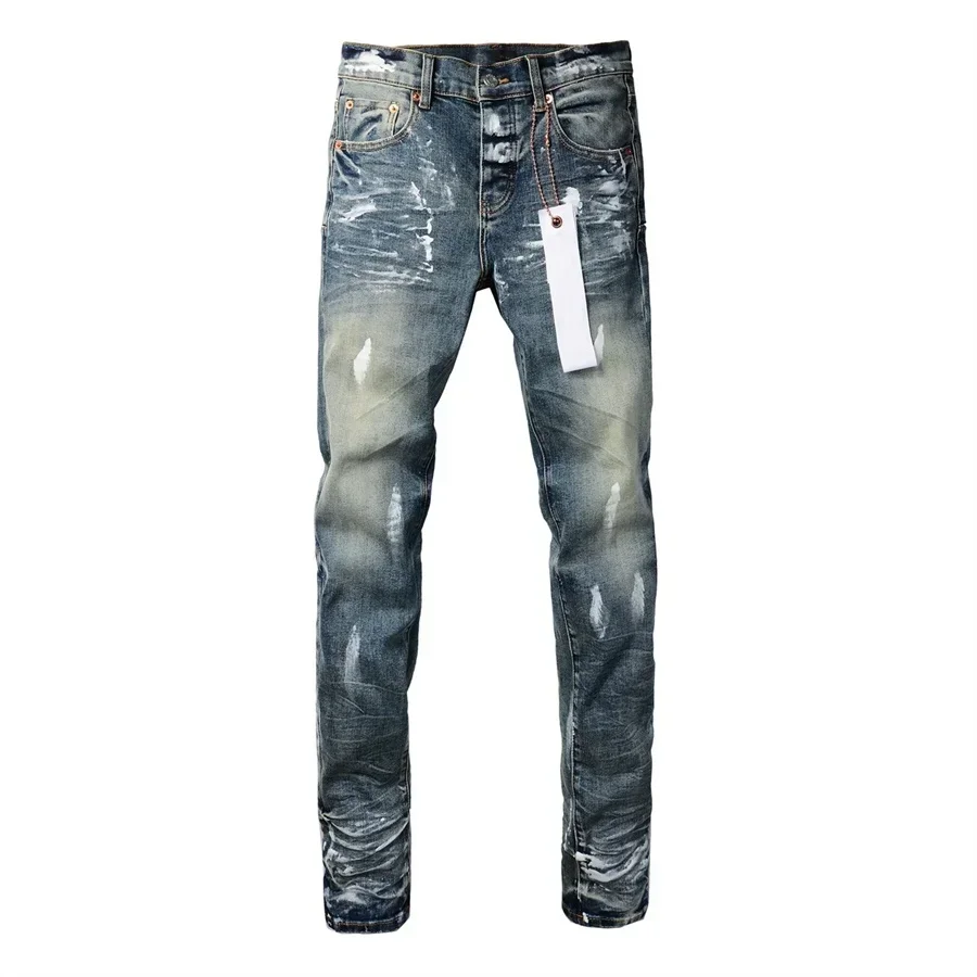 2024 Purples Men jeans brands high street blue ripped distressed fashion repair low rise skinny denim trousers pants